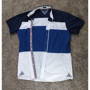 VTG Tommy Hilfiger Button Up 2XL Blue White Stripe Short Sleeve Cotton Mens